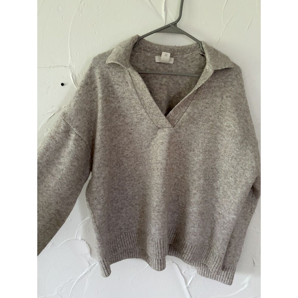 H&M Women's Beige Fine-Knit Collared Oversized Sweater Work Casual - Picture 3 of 6